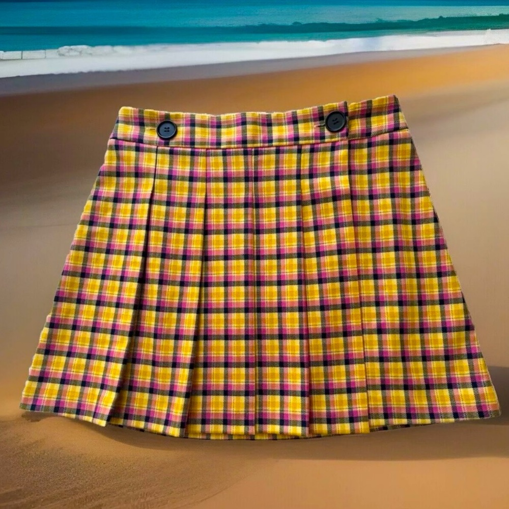 Topshop Womens Skirt Yellow Pink Checkered Pleated Y2K Style Wrap Mini Sz: 4